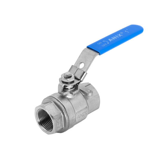 SS316 2-piece full port ball valve with blue handle, 1000 FNPT, NPT threaded end, investment cast stainless steel, PTFE seat material