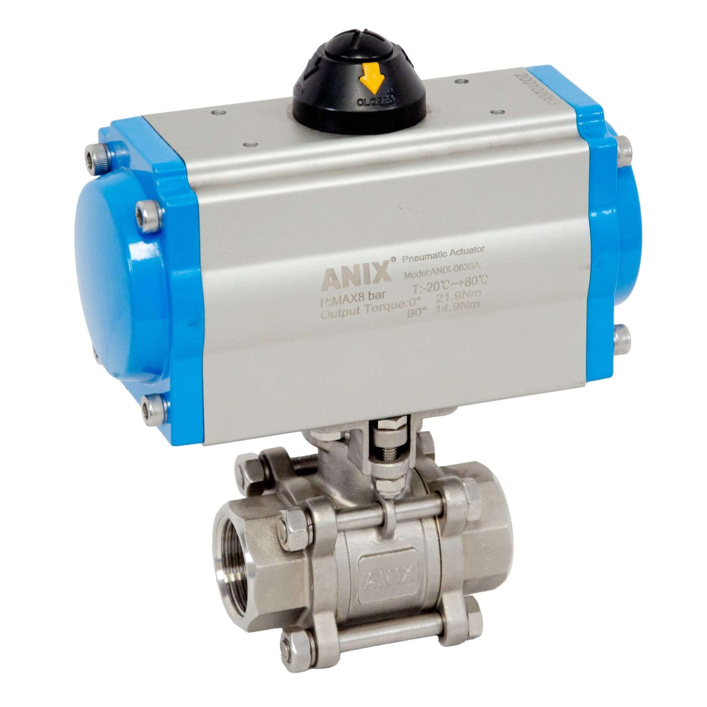 Válvula de bola FNPT de 3 piezas, paso completo, accionamiento neumático, SS316 - Doble efecto/retorno por resorte