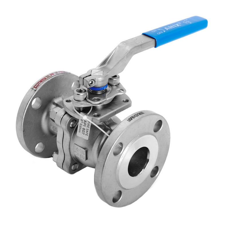 CF8M 2-piece full port ball valve ANSI 150 flanged with blue lever, stainless steel construction, and fire-safe design.