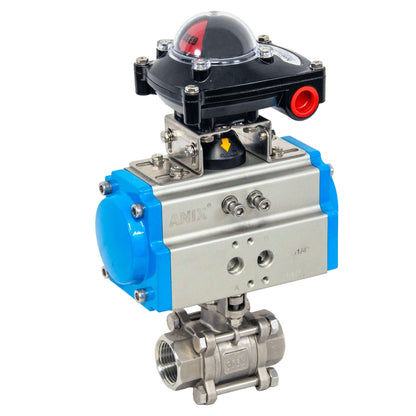 Válvula de esfera FNPT 3PC de passagem completa acionada pneumaticamente SS316 - dupla ação/retorno por mola
